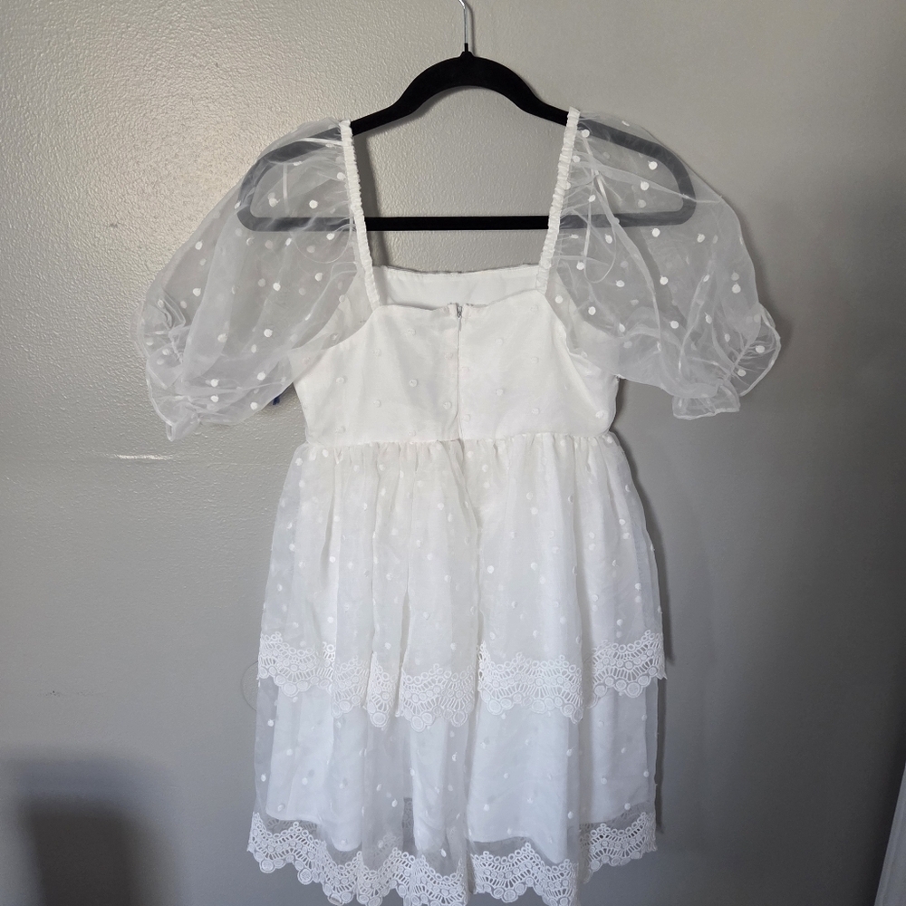 English Factory White Swiss Dot Puff-Sleeve Tierd Eyelet Mini Dress. Sz XS LWD - Picture 7 of 11